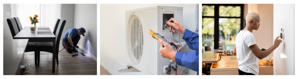 Action Furnace technician performing duct service and inspection to enhance your air conditioning system's cooling efficiency.HVAC technician checking refrigerant levels with gauges during an air conditioning service. Another common AC installation mistake.A homeowner adjusts the temperature on a smart thermostat in a modern kitchen, highlighting the importance of upgrading the control hub during AC installation to ensure proper system operation.