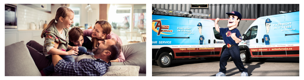 Happy family enjoying time together on the couch at home.Action Furnace mascot in uniform, smiling and raising a fist, standing in front of work vehicles, highlighting the Total Comfort Club maintenance membership program.