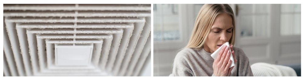 Dust coming out of an air duct, indicating a potential danger leading to respiratory problems. Blonde woman sitting at home holding a tissue, feeling unwell due to respiratory issues.