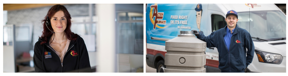 An Action Furnace sales representative wearing a headset and branded hoodie, smiling and ready to connect a customer with a technician. An Action Furnace technician standing in front of a branded truck, arriving on-site to service ducts and ensure they remain clean and fresh with regular maintenance.