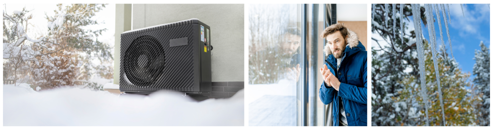 Modern air source heat pump unit installed against a residential building wall in a winter setting. Man indoors in a jacket, holding his hands together and looking outside at the winter landscape.Close-up view of icicles and snowfall on trees covered in snow in Alberta, Canada.