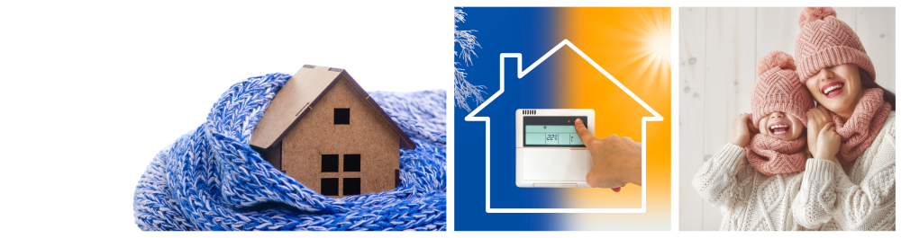 A model of a house with a knitted fabric wrap, symbolizing warmth, set against a white background.The heating and cooling concept is split into two themes: the left side features blue winter tones, while the right side showcases warm summer hues. A close-up of a person adjusting the thermostat at home.A mom and child, both dressed in knitted hats and sweaters, playing and laughing together.