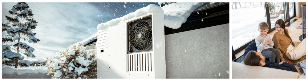 A heat pump installed on the roof of a single-family home, providing an eco-friendly heating solution during winter. A family of three spending time together on the couch, feeling warm while the window behind them showcases a snow-covered landscape.
