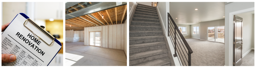 Clipboard with home renovation cost estimate. Unfinished basement with plans for modern upgrades. Modern stairway with metal railing leading down to the finished basement, featuring bright lighting. To ensure the basement or secondary suite meets legal standards, it must comply with requirements such as proper window size, exits, and minimum ceiling heights for approval.