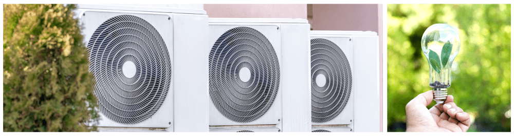 A row of modern heat pump units showcasing efficient and sustainable heating solutions. A person holds a lightbulb with leaves inside, symbolizing green energy and cost savings. By transferring heat instead of generating it, heat pumps dramatically lower energy consumption and reduce long-term expenses.