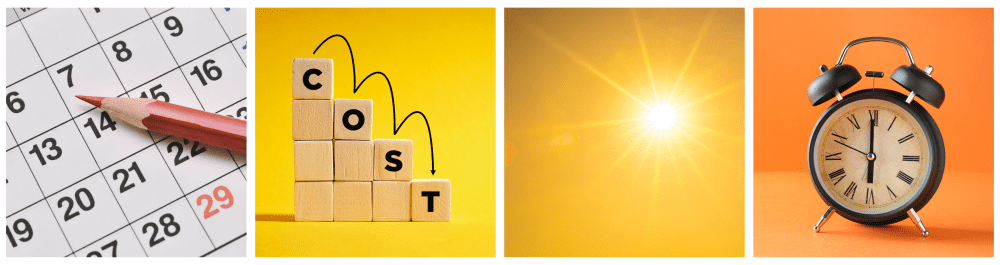 Schedule of events emphasizing the importance of booking an AC tune-up.Descending wooden blocks spelling 'cost,' symbolizing decreasing expenses.Summer scene with an orange sky and glowing sun, highlighting the best time to schedule an AC tune-up during the offseason.Alarm clock on an orange background, illustrating that AC tune-ups typically take about an hour to complete.